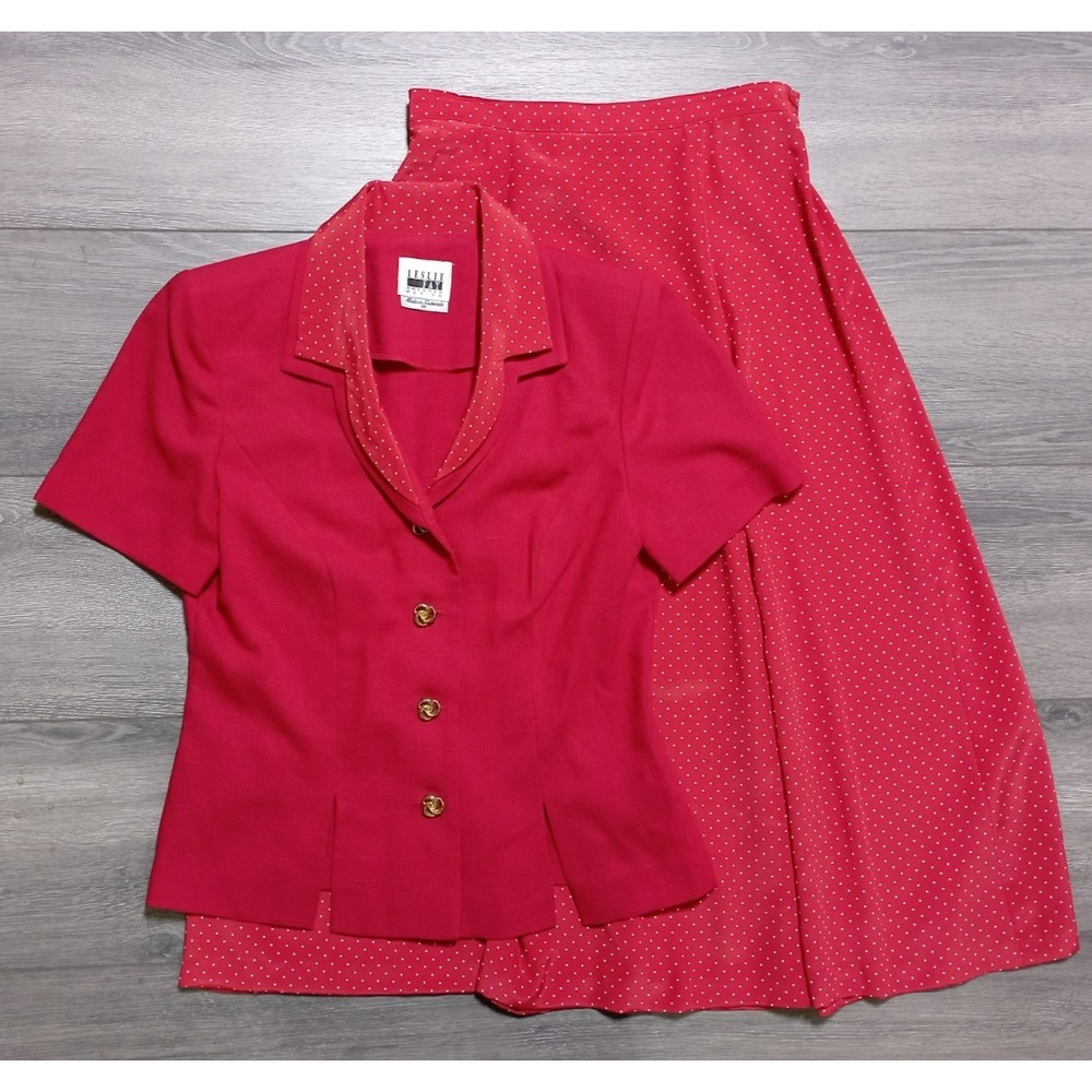 Leslie Fay Vintage 2 Piece Skirt Suit Set Womens 6P Red Polka Dot 90s Petite